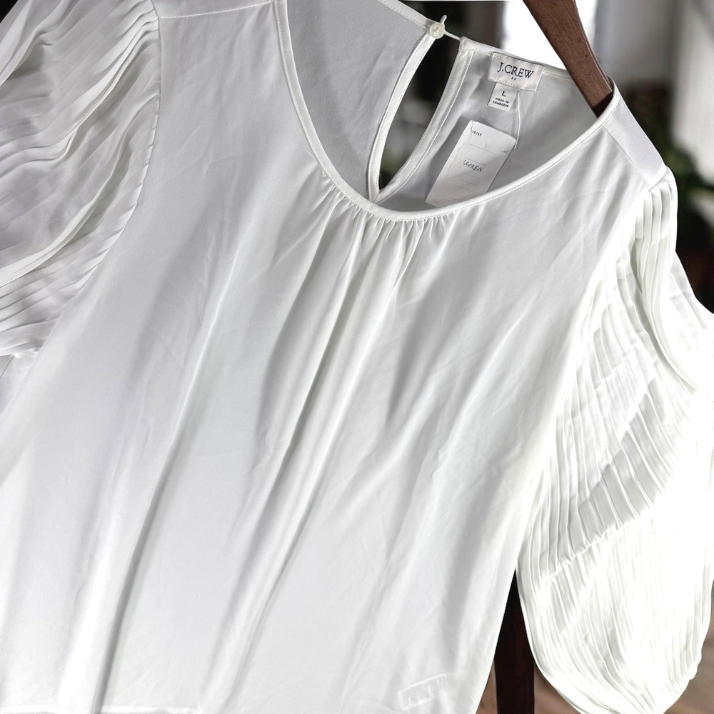 J Crew Top Women L Ivory Pleated Sleeve Keyhole Blouse Resort Boho Garden *Read